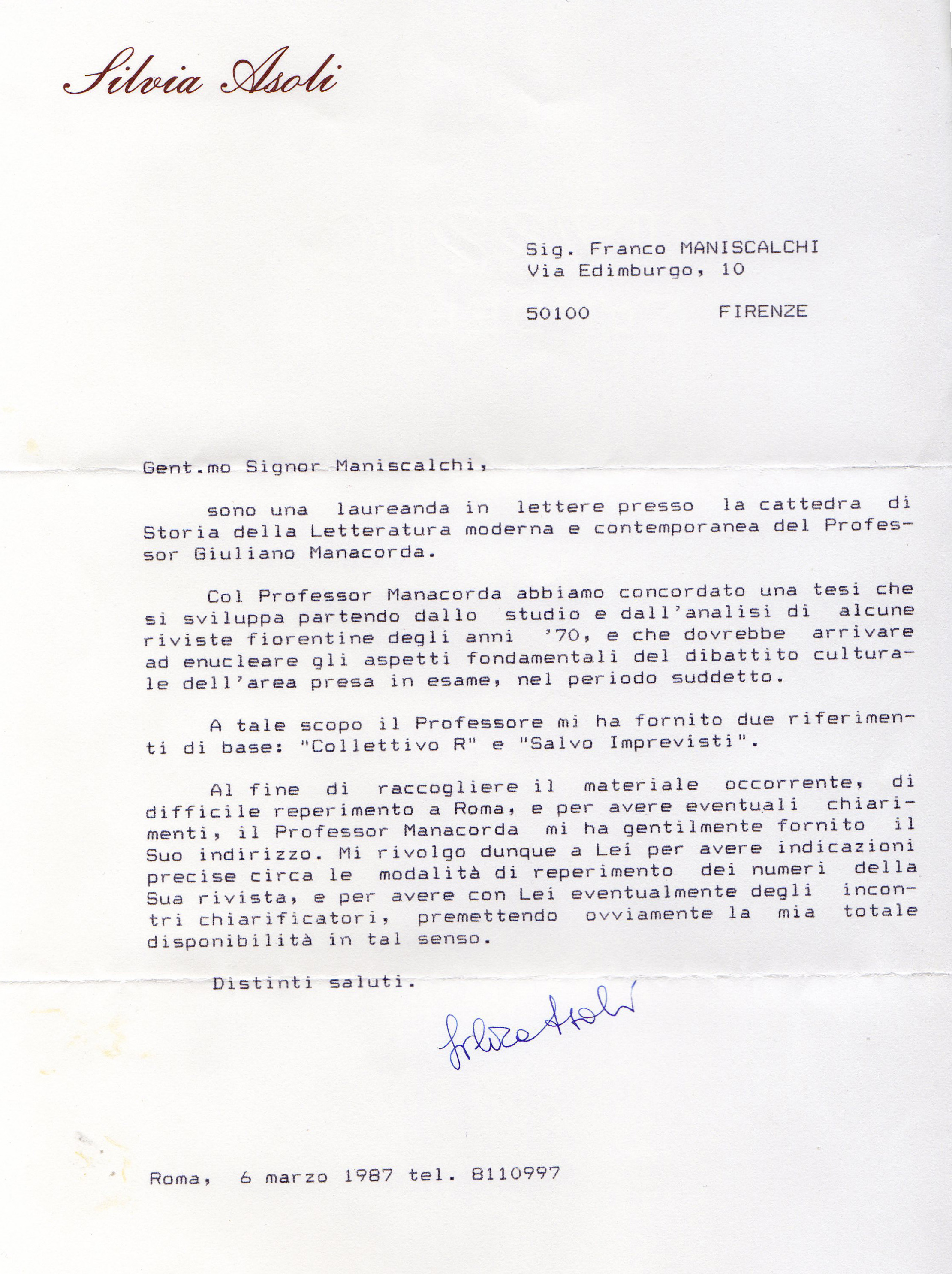 a Lettera di Silvia Asoli